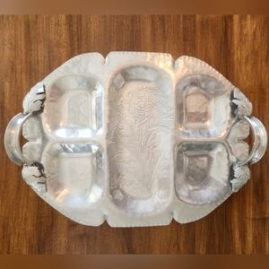 Vintage Hand Wrought Hammered Aluminum Serving Tray with Chrysanthemum Design.